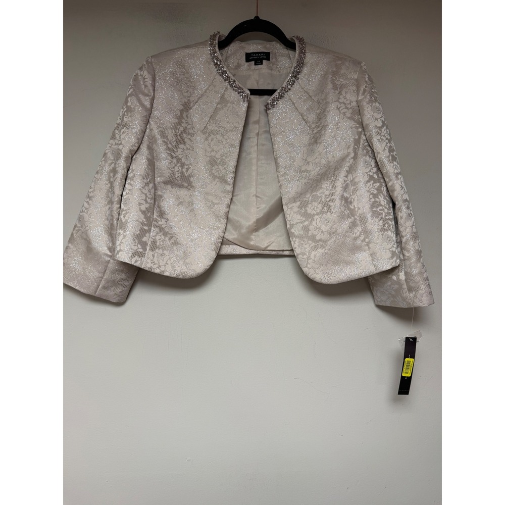 Tahari Arthur S Levine Dress Jacket Set 14 Champagne Floral Beaded New With Tags